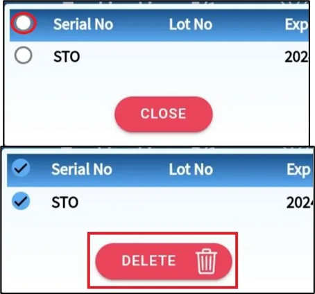 Serial number selected in the list with the delete option